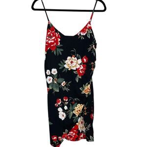 New Free Press Floral Printed V Neck Mini Dress Black Red Wrap Front Bottom M